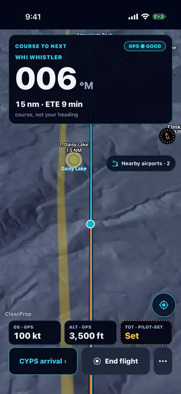 ClearProp on iPhone in active navigation: course 006 to Whistler, 15 nm and 9 minutes to go, ground speed 100 kt at 3,500 ft