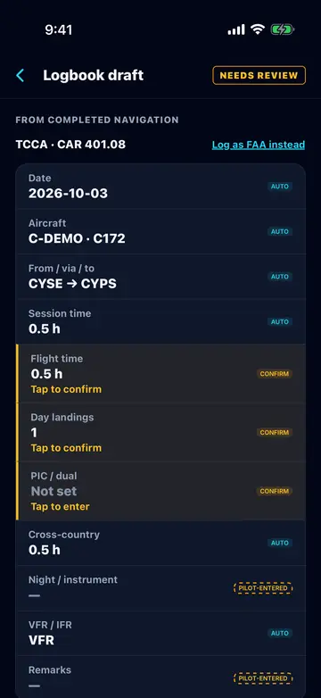ClearProp on iPhone showing a CYSE to CYPS logbook draft prefilled from the completed flight, marked needs review