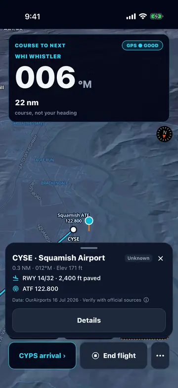 ClearProp on iPhone in flight showing Squamish Airport as a nearby airport: 0.3 nm away, runway 14/32 with 2,400 ft paved, ATF 122.800, with its data source