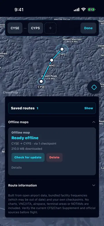 ClearProp on iPhone showing a CYSE to CYPS route via Whistler with its offline map ready